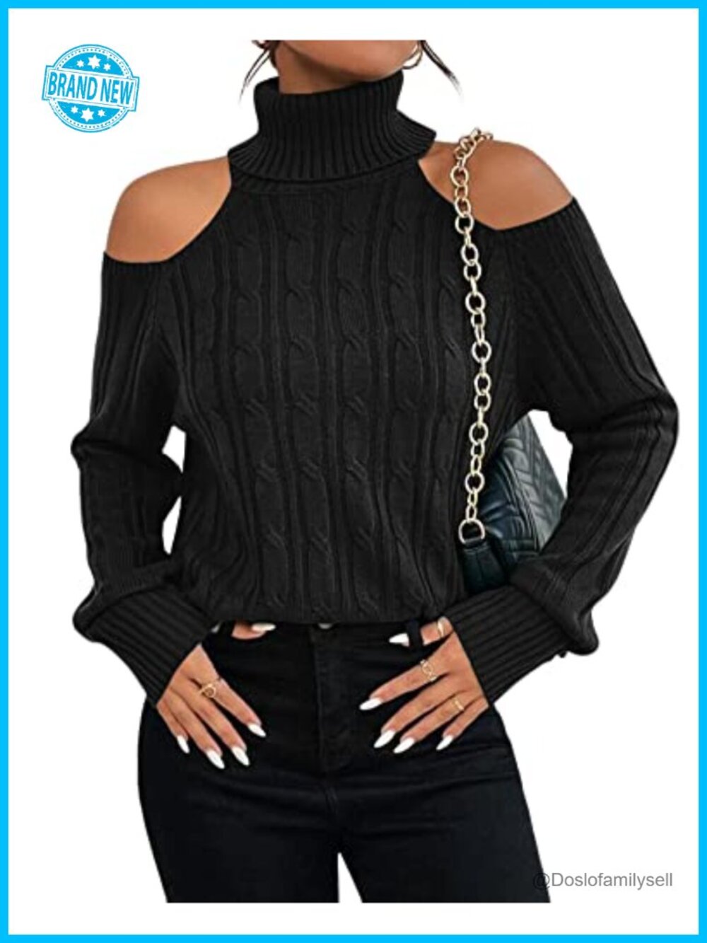 Womens Cold Shoulder Cable Knit Turtleneck Sweater Pullover